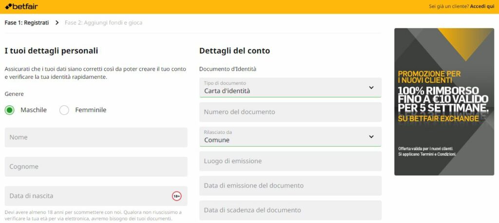 registrazione betfair exchange
